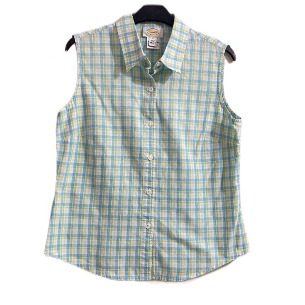 Talbots Blue Green Plaid Sleeveless Shirt Small